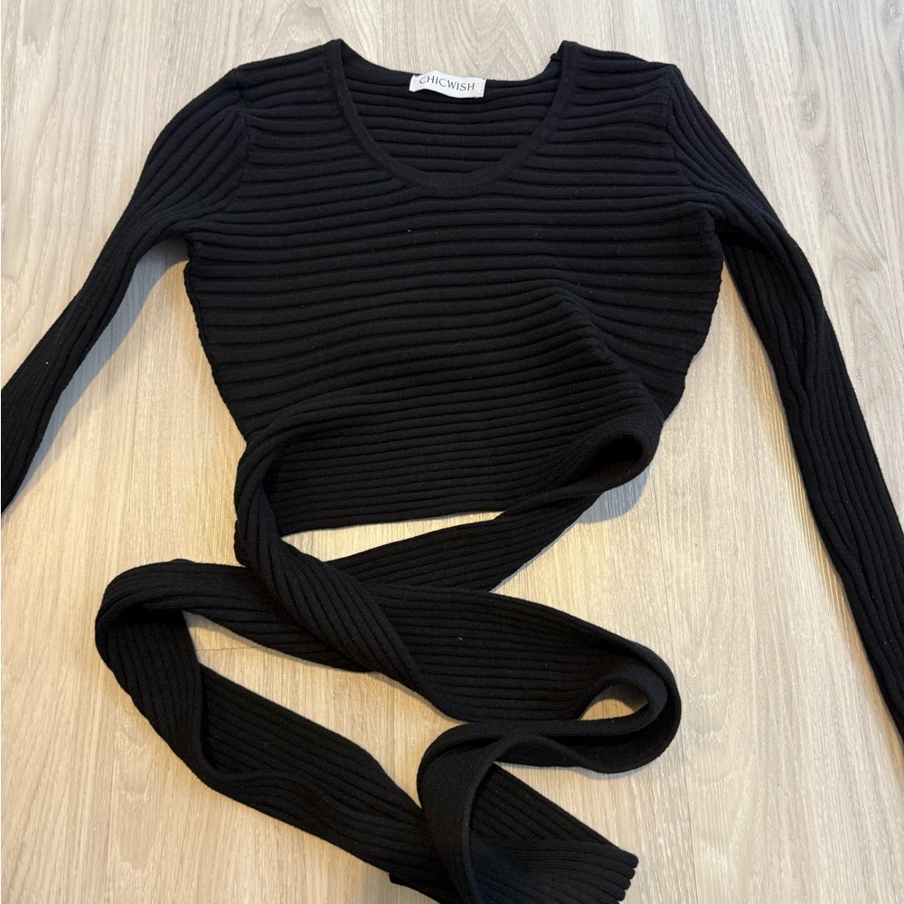 Chicwish Black Ribbed Tie-Waist Long Sleeve Crop Top